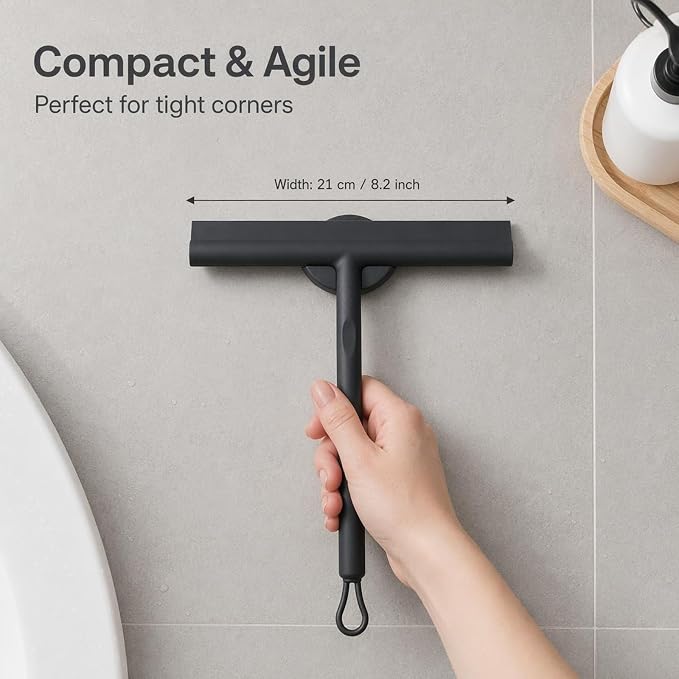 Squeegee for Shower Glass Doors, Resilient Loop - No-Drill & Adhesive Hook, Silicone Shower Squeegee with Stainless Steel Core, Cleaning Tool for Home, Kitchen, Bathroom & Car - Black