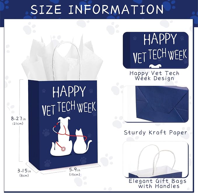 TaoBary 12 Sets Vet Tech Week Gift Veterinary Technician Paper Gift Bag | with Tissue Paper, Veterinarian Treat Bags with Handles, Vet Tech Appreciation Accessories for Assistant Pet Lover