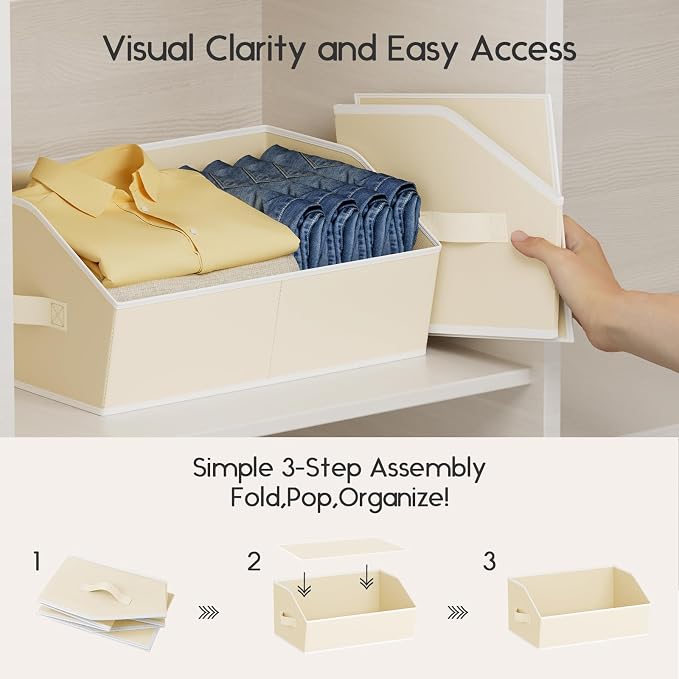 Large Closet Organizers and Storage Bins - 8 Pack Trapezoid Storage Baskets for Shelves, Foldable Fabric Baskets with Handles Ideal for Closet, Basket, Wardrobe and Shelf Storage, Beige
