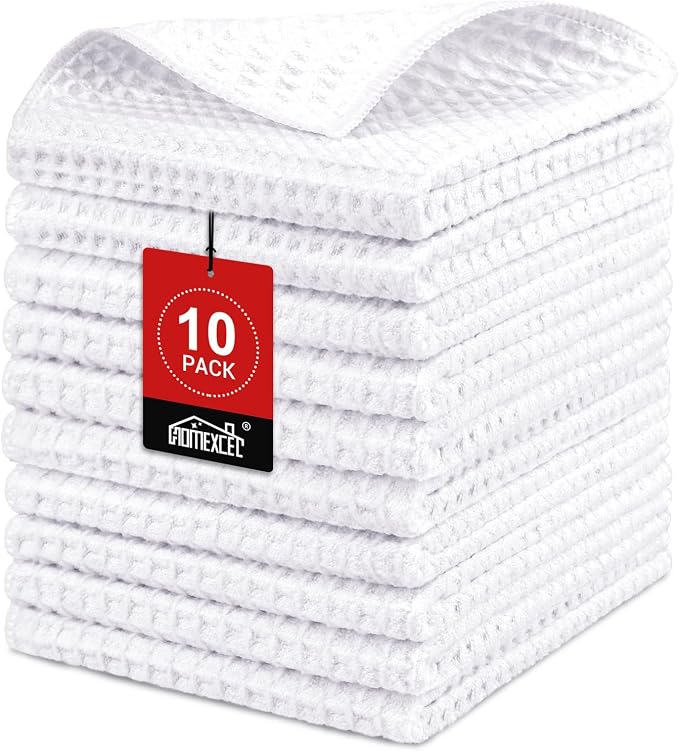 HOMEXCEL White Waffle Weave Microfiber Towel, 10PK 12x12 in Waffle Towels | 400GSM Barista Towels, Waffle Wash Cloths for Bathroom, Hand, Super Absorbent Kitchen Microfiber Cleaning Cloth for Household