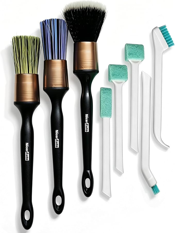 8PCS Car Detailing Brush Set, Mixed Bristles Soft Detail Brushes, Gold | Boars Hair & Ultra Soft Auto Detailing Brush, No Scratch for Leather Dashboard, 5 Crevice Tools Reach AC Outlet, Wet Dry Use