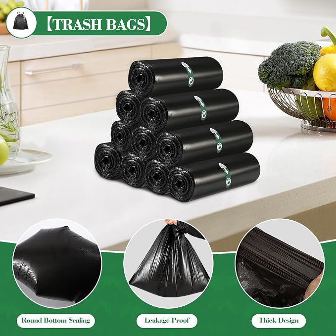400 Counts 4 Gallon Trash Bag Drawstring Small Trash Bags, Thick Pre-separated Garbage Bags, Trash Bin Liners, Suitable for bathroom, kitchen, bedroom, office (Black)