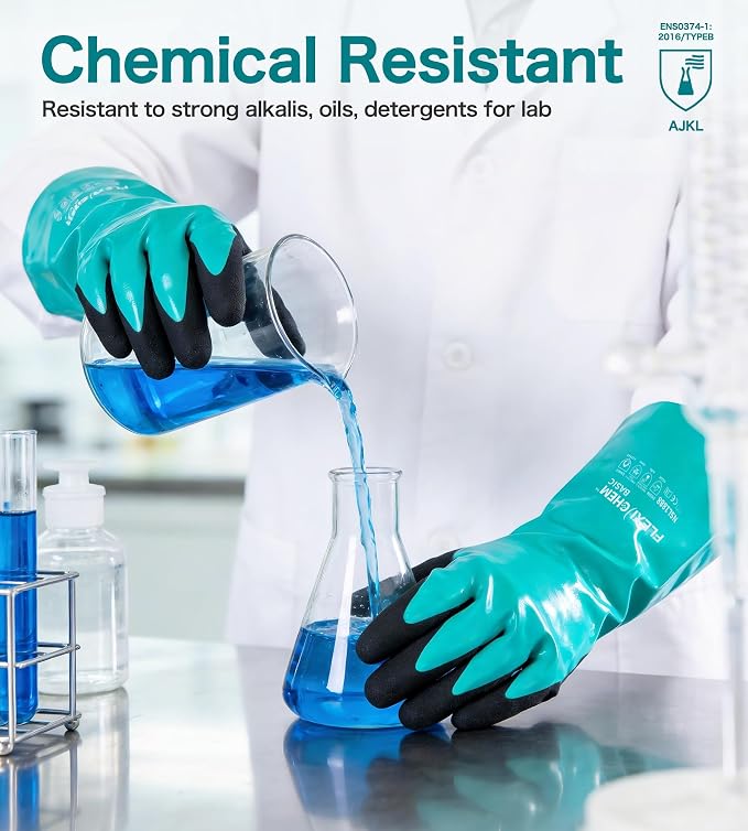 JDL Heavy-Duty Nitrile Chemical Gloves with Nylon Lining, Black Sandy Finish, Reusable Rubber Work Gloves, Acid/Alkali/Oil Protection, Non-Slip, Large
