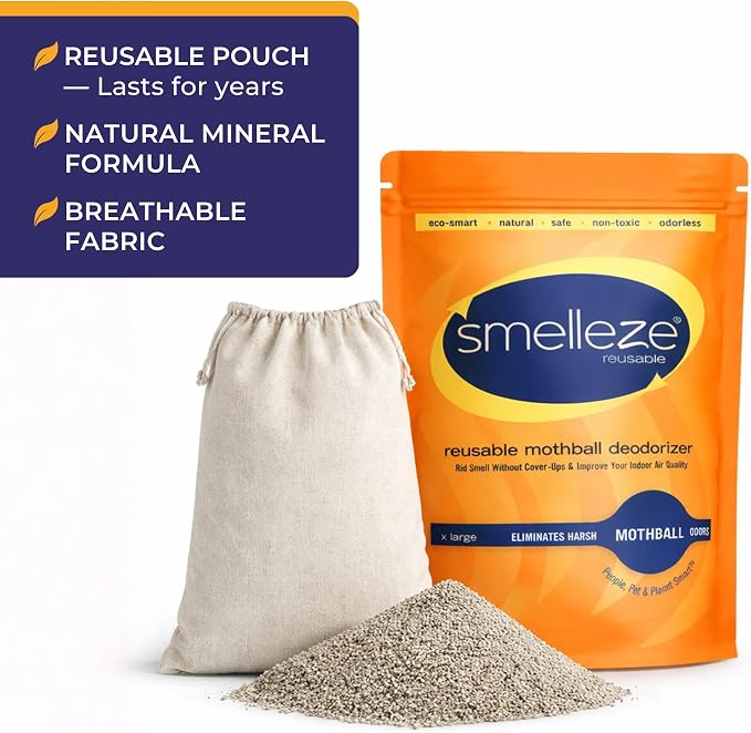 SMELLEZE Natural Mothball Smell Remover Pouch - Covers 375 sqft | Reusable Odor Eliminator for Closets, Basements, Furniture & Drawers - Eco-Friendly Formula - Unscented & Safe
