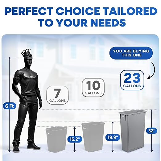 PLASTIC PRINCE 23 Gallon Slim Trash Can Kitchen, Commercial Tall Trash Bin Narrow, Rectangular Slim Jim Skinny Garbage Can for Home Garage Cabinet Restaurant, 6 Pack, Gray