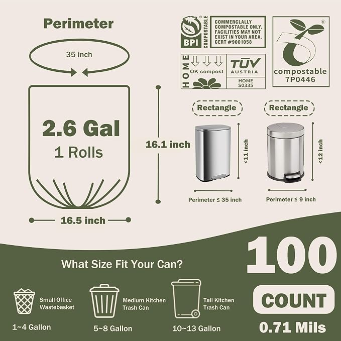 Compostable Trash Bags, 2.6 Gallon, 100 Count, 100% Compost Waste Bags for Kitchen Bathroom Office, Small Countertop Bin Compost Bags, US BPI and Europe OK Compost Home Certified
