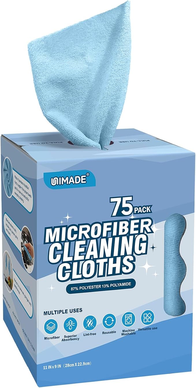 Microfiber Cleaning Cloth, 75 Sheets Microfiber Towels for Cars | Commercial Grade Washcloths Lint-Free Bulk Shop Towel Cleaning Rags for Household Restaurant Garage, 11"x 9", Blue