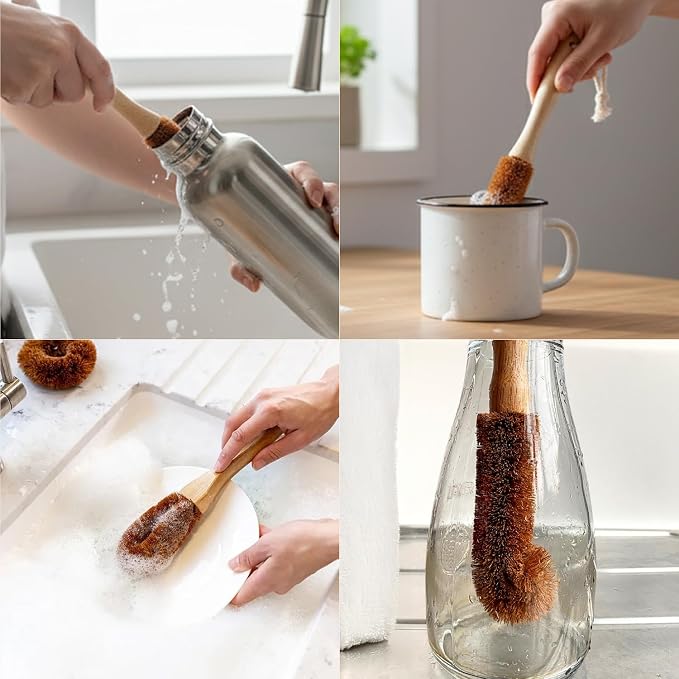 Eco-Friendly Kitchen Cleaning Brush (Twin Pack) - Wood Dish Brush with Coconut Fiber Bristles & Wooden Handle. Kitchen Brush for Bottles, Jars, Mugs, Glassware, and Cup Brush Cleaner