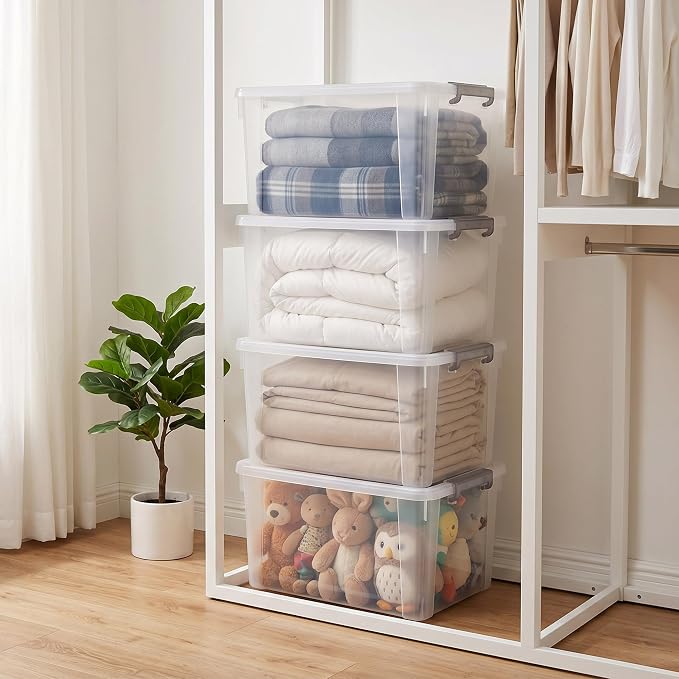 Citylife 44.4 QT Plastic Storage Bins with Latching Lids Stackable Storage Containers for Organizing Large Clear Storage Box for Garage, Closet, Kitchen, 8 Packs