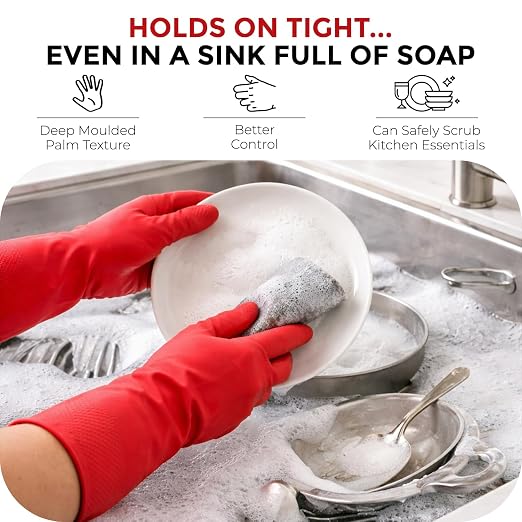 LADWA 2 Pairs Non-Slip Household Cleaning Reusable Dishwashing Gloves for Kitchen Washing Dishes Bathroom Gardening & Home Tasks Flexible Long-lasting & Waterproof Gloves Perfect for Woman Men (Red)
