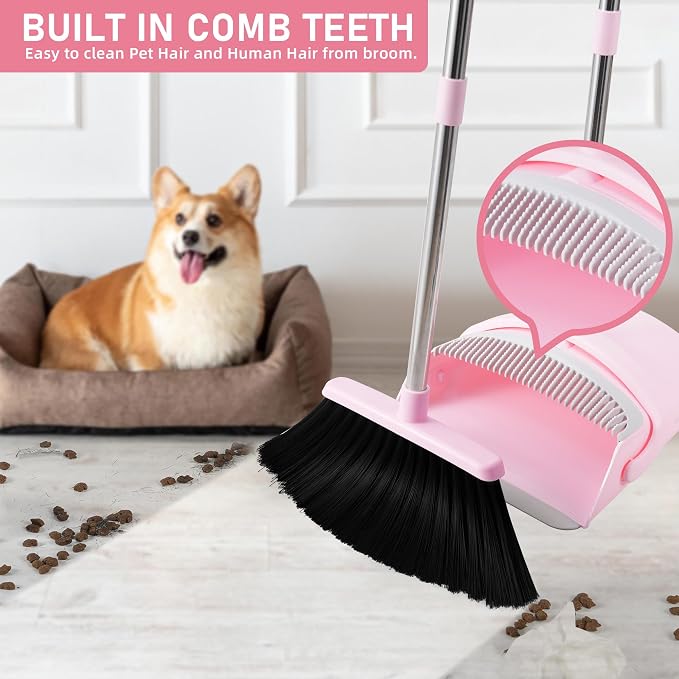 BSKLIN Broom and Dustpan Set for Home, 52" Long Handle Standing Broom Set with Dustpan Self-Cleaning Teeth for Hair Removal Heavy Duty Indoor Outdoor Sweeping Kit for Kitchen Garage (Pink)