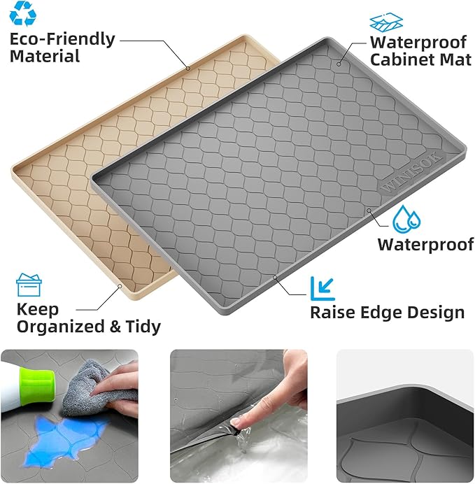 Winisok Waterproof Under Sink Mat 34" x 22", Silicone Mat, White | Raised Edge Traps Spills & Leaks, Shelf Liner, Cabinet Protector, for Kitchen, Bathroom, Boots, Pets, Home Essentials