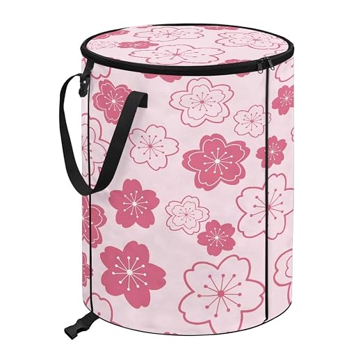 BIGCARJOB Cherry Blossoms Print Portable Trash Can Large Folding Big Trash Can with Lid Storage Bag Pop Up Trash Cans for Parties, 22.83x17.71 in