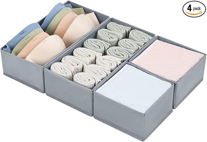 DIMJ Drawer Organizers Clothes, Set of 4 Dresser Organizer Bins, Fabric Closet Organizers and Storage, Shallow Drawer Dividers for Nursery, Clothing, Baby Clothes, Socks, Underwears, Tie (Grey)