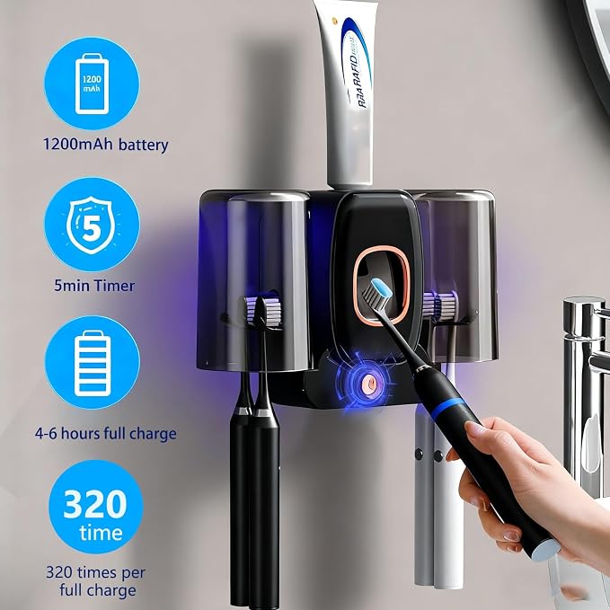 Rechargeable Toothbrush Holder,Wall Mounted Automatic Toothbrush Cleaning Tool with Toothpaste Dispenser & 2 Cups, No Drilling Bathroom Organizer for Family (Black)