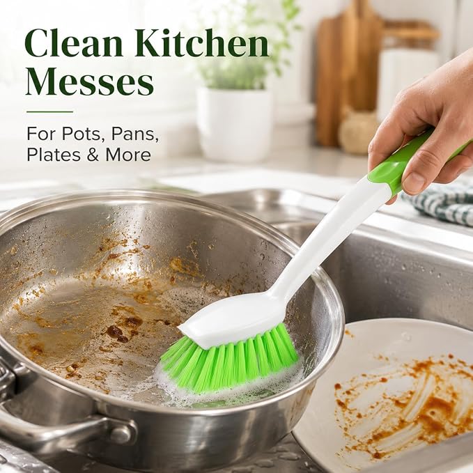 2-Pack Dish Brush with Long Handle | Dish Scrubber with Stiff Bristles for Kitchen, Sink, Pots, Pans