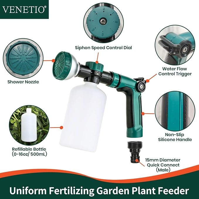 VENETIO 8-Dial Lawn & Garden Sprayer with Quick Connect - 16oz Liquid Fertilizer Dispenser for Uniform Watering & Feeding Plants, Hose Nozzle Spray Gun with Soap Bottle for Dog Washing, Car Cleaning