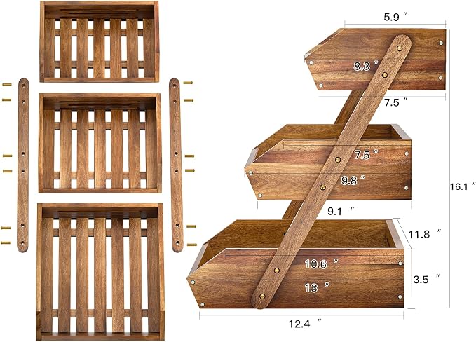 G.a HOMEFAVOR 3-Tier Acacia Wood Fruit Basket for Kitchen, Self-assembly | Large Fruit Bowl for Kitchen Countertop, Fruit Stand Storage Holder for Vegetables and Snack Home Organizer