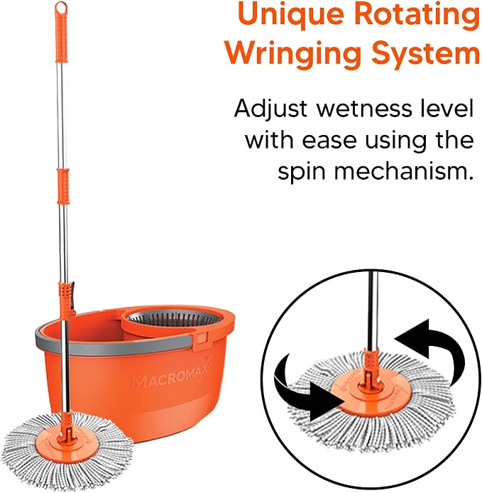 Macromax Faster Spin Mop and Bucket Set with 9 Refill– 360° Rotating Microfiber Mop with Smart Drying System – Adjustable Dampness – Ergonomic Handle – Multi-Surface Floor Cleaning Tool
