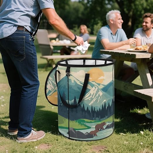 Landscape Bear Outdoor Trash Cans for Patio Collapsible Garbage Can 23 Gallon for Camping Water Resistant Storage Bin for Clothes Bedroom Trash Can Decorative