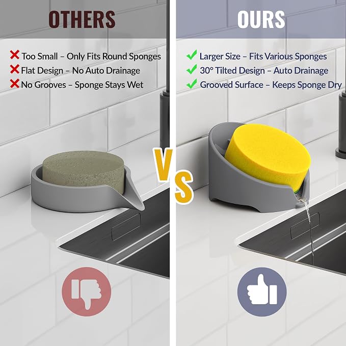 NiHome Silicone Sponge Holder for Kitchen Sink, Fits Scrub Daddy Mommy | Self-Draining Dispenser Organizer Tray, Sink Caddy Countertop Fits Soaps, Scrubber, Dishwasher Safe, Includes Brush