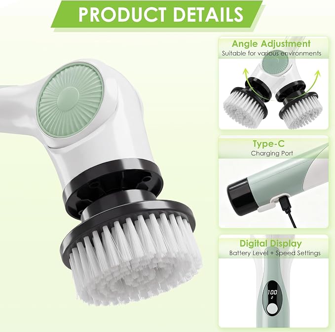 Cordless Electric Spin Scrubber with 10 Replaceable Heads and Long Handle | 3 adjustable lengths, 3 adjustable speeds, 90‑minute runtime, 10 Heads, Waterproof Design for tubs, floors, grout, and cars