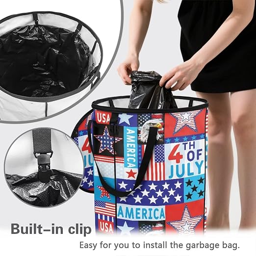 24Gal July 4th Eagle Collapsible Trash Can - Waterproof Pop-Up Bin w/Lid for Camping & Backyard | Leakproof Yard Waste Bag (Patriotic Decor)