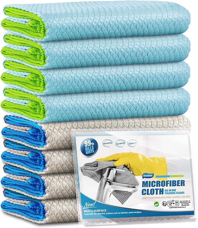 Microfiber Cleaning Cloth Lint Free Glass Polish, Blue & Grey | Fish Scale Window Cleaning Cloth, Streak Free, Reusable for Glass Mirror Kitchen Dish, 16 x12 in, 8 Pcak