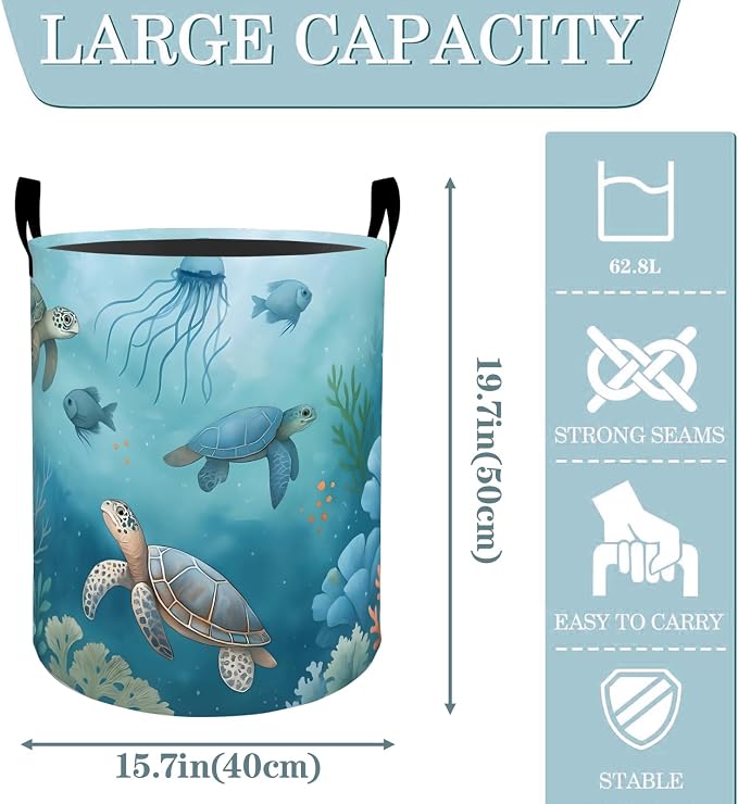 Sea Turtle Ocean Animal Coral Laundry Basket, Dirty Collapsible Clothes Toy Organizer Hamper for Kids Adults, Oxford Cloth Waterproof Storage Bin for Bathroom Coastal Decor Gifts, 19.7"X15.7"