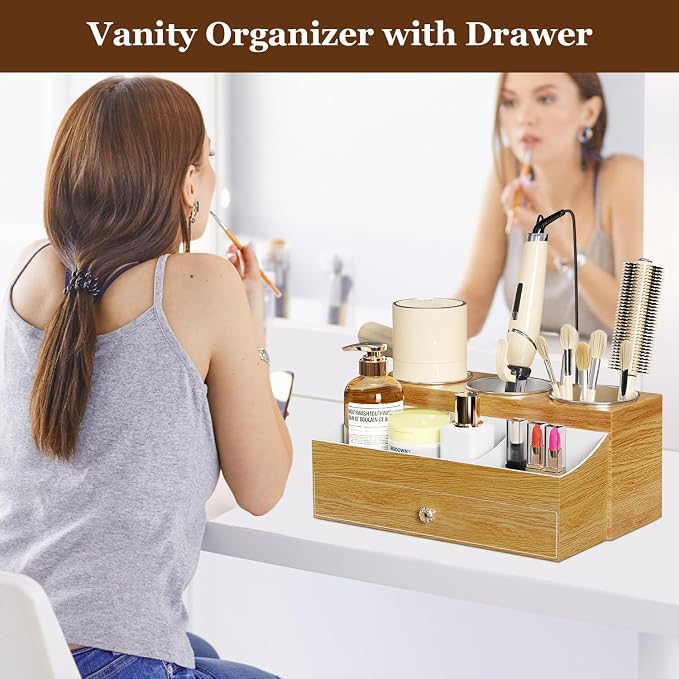 GFWARE Hot Hair Styling Tool Organizer with Drawer & 3 Cooling Cups, Wood | Hair Accessories Bathroom Vanity Storage, Hair Dryer, Blow Dryer, Curling Iron, Flat Iron, Hot Tools Cooling, Wood-Look
