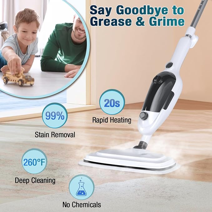 11-in-1 Steam Mop, MultiPurpose Steam Cleaner for Home with 15.2 OZ Tank | Detachable Steamer with 23FT Power Cord & 11 Accessories for Hardwood, Tile, Furniture, Floor Cleaning and Household Tasks