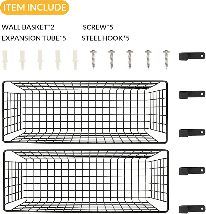 2 Sets Black Extra Large Hanging Wall Basket with Steel Hooks | Metal Wire Baskets for Organizing, Wallmounted Fruit Vegetable Toy Snack Storage, Home Kitchen Bathroom Laundry Pantry