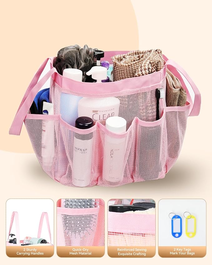Temede Mesh Shower Caddy Portable for College Dorm Room Essentials | Large Capacity 8-Pocket Shower Tote Bag, Toiletry Organizer with Quick-Dry and Dual Handles for Girls, Dorm, Travel, Camping