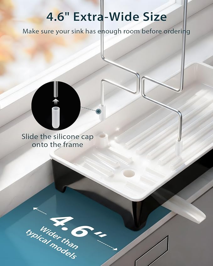 Minimalist Sink Caddy, Rustproof Sponge Holder for Kitchen Sink Black | Large Rustproof countertop organizer with 304 stainless steel brush holder, raised ridges and silicone drain tube