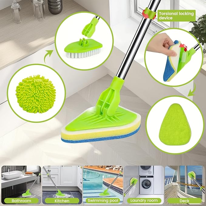 4-in-1 Tile Tub Floor Scrubber with 52-inch Adjustable Long Handle Shower Cleaner Brush with V-Shaped Grout Brush and 3 Replacement Brush Heads for Cleaning Bathroom Kitchen Walls Tub Tile