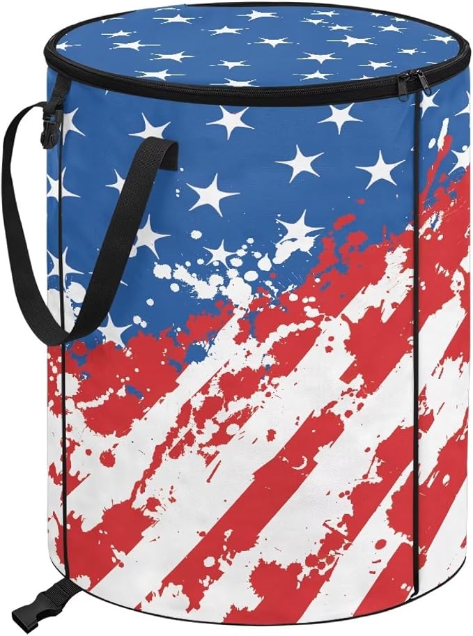 American Flag 24 Gal Collapsible Trash Can Waterproof Pop-Up Pop up Trash Can for Camping Backyard & Car Travel Easy to Clean Outdoor Garbage Bin Reusable Camping Essentials