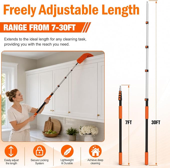LAANPOLE 36FT High Reach Duster Cleaning Kit with Extension Pole, High Ceiling Fan Cleaner Duster Tool for Fan Blades, Window Washing Kit with Microfiber Feather Duster & Window Squeegee