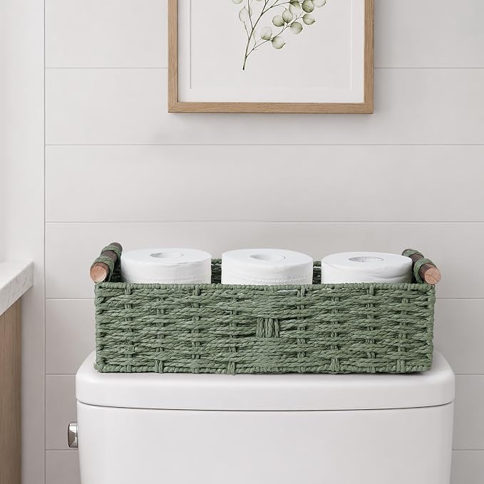 Round Paper Rope Storage Basket Wicker Baskets for Organizing with Handle Decorative Storage Bins for Countertop Toilet Paper Basket for Toilet Tank Top Small Baskets Set,Green | with Handle for Bedroom Home Decor and Shelves Apartment Countertop Use,G...