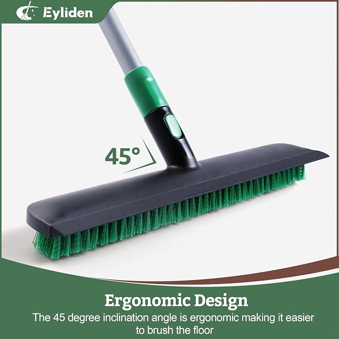 Eyliden Scrub Brush with Squeegee, Floor Deck Tile Bath Cleaning Scrubber | 15-inch Wide, 45° Angle 2-in-1 Stiff Bristles & Rubber Head, 55" Telescoping Long Handle, for Shower Kitchen Patio Garage