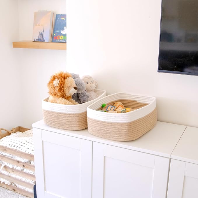 Woven Rope Baskets for Organizing, 3 Pack, 15.5 x 11 x 5.5" Storage Bins | Storage baskets and organizer bins for shelves, pantry, closet storage, toy organizer, bathroom storage, nursery, towels