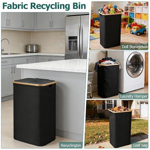 Recycling Bin for Kitchen, 26Gal (100L) Indoor Recycle Trash Can with Lid | Oxford Fabric Large Recycling Bin with 2 Removable Reusable Inner Bags for Bottle Can Glass Plastic Waste, Black