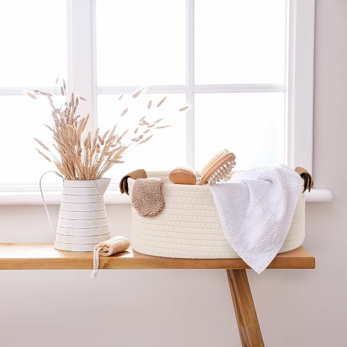 Beautiful Storage Basket Set of 5 - Sturdy Cotton Rope Baskets for Shelves | Perfect for Organizing Your Home - Quality Storage Bins Easily Fit with Any Nursery or Bedroom Decor