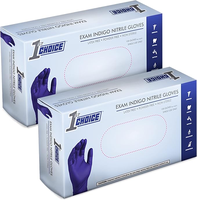 1st Choice 3 mil Disposable Indigo Nitrile Exam Gloves for Medical, Salon | Dentist, Esthetician, and Household Chores, Bulk Purchasing Options Available, Suitable for Use with Hair Dying Chemicals
