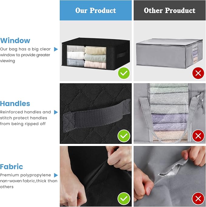 HomeHacks 10-Pack Clothes Organizer Storage Bags, 35L Storage Bins, Black | Foldable Storage Box Container with Zippers, Clear Window, Reinforced Handles for Closet, Dorm, Pillows, Bedding, Sweater