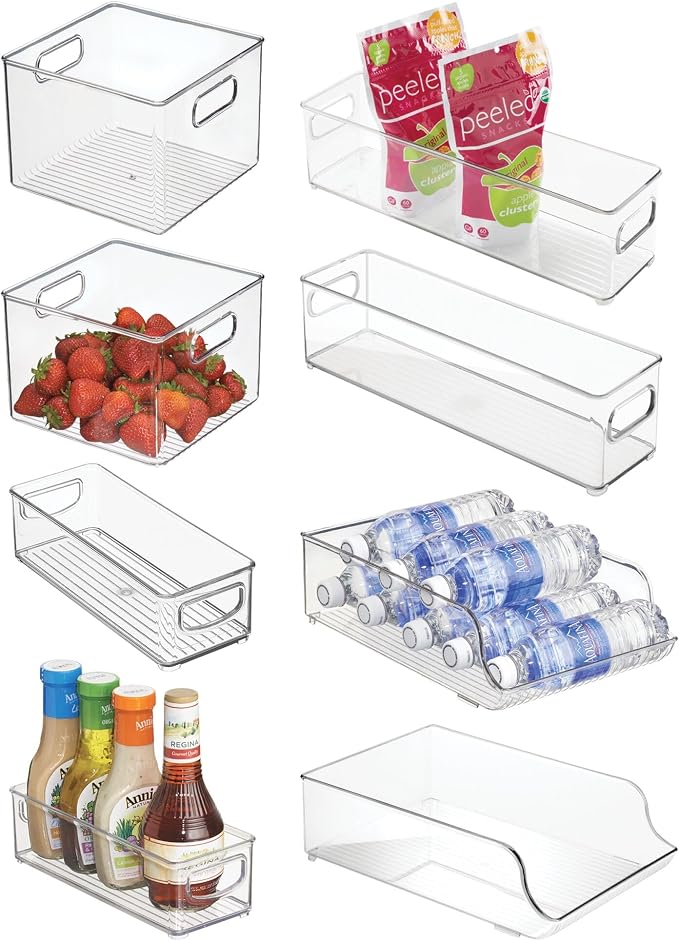 iDesign Fridge Storage Bin Set, Set of 8, Clear | Includes Bins with Handles, Water Bottle Holder