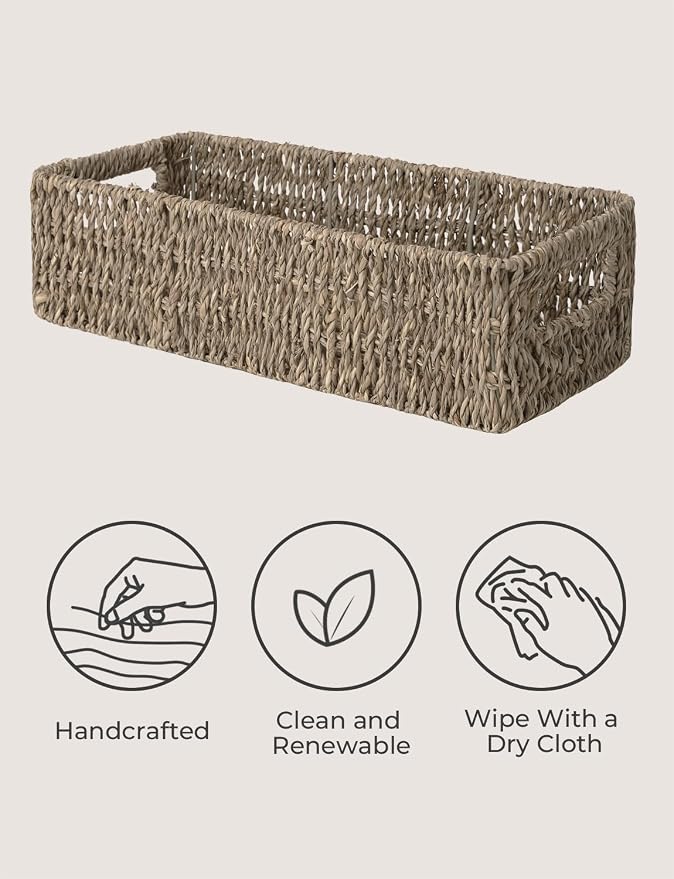 StorageWorks Seagrass Baskets with Built-in Handles, Bathroom Decor Box for Toilet Tank Top, 14 ¼"L x 6 ½"W x 3 ¾"H (Pack of 2)