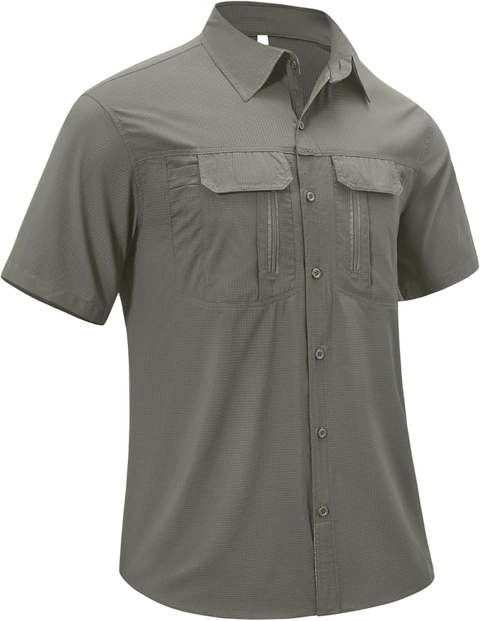 Mens Short Sleeve Fishing Shirt Sun Protection Quick Dry Lightweight | Breathable Fabric, Multi Pockets, for Fishing Safari Hiking Hunting Camping Outdoor Work Casual Wear