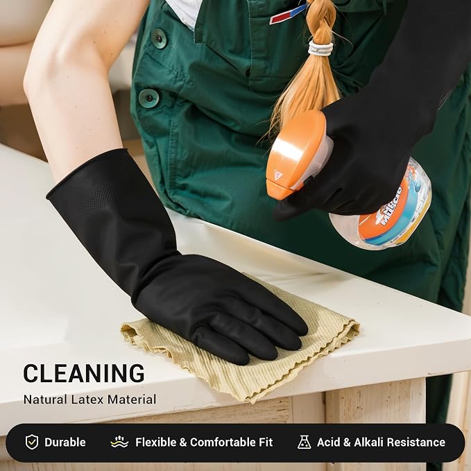 ThxToms Dishwashing Rubber Gloves, Reusable Latex, XL, Black, 3 Pairs | Cleaning Gloves for Housework Kitchen Bathroom, Durable Flexible & Anti-slip, Smooth Lining, Easy On & Off