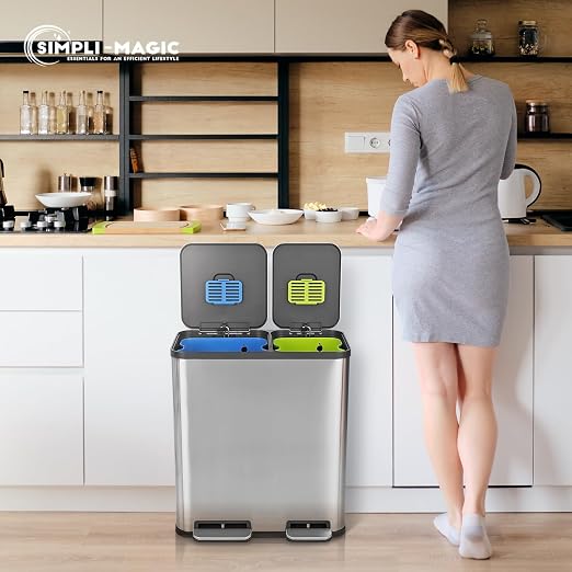 Simpli-Magic 18.5 Gallon (40L x 30L) Dual Compartment Step Trash Can – Kitchen Garbage Can with Waste & Recycling Bins – Slow-Close Lid, Odor Control, Hands-Free, Stainless Steel