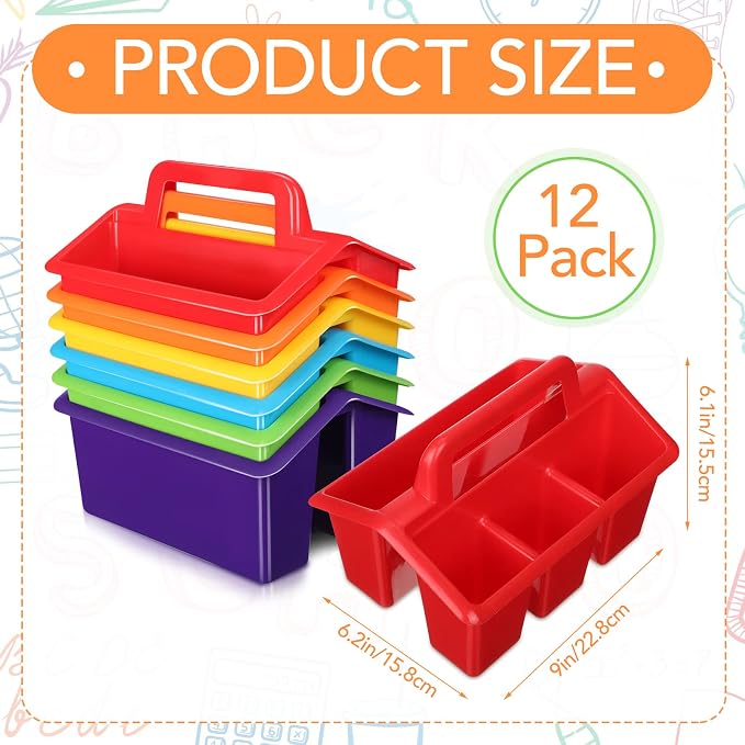 WILLBOND 12 Pcs Classroom Storage Caddies Stackable Utility Caddies with 4 Compartment Plastic Caddy with Handle Portable Storage Bins Organizers for Kids Schools Art Craft Supplies(Colorful)